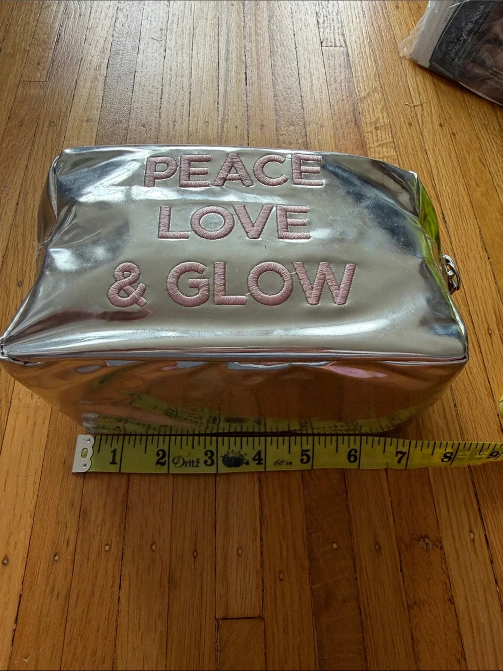 Peace Love & Glow Metallic Cosmetic Bag - Silver with Pink Embroidery